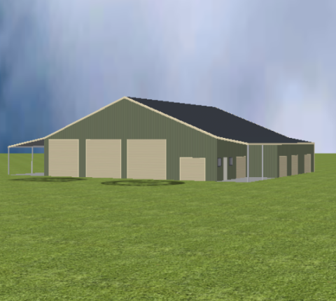 Industrial warehouse render with 22 degree gable roof and lean to